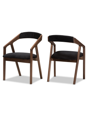 Set Of 2 Wendy Midcentury Modern Velvet And Walnut Wood Finishing Dining Chairs Dark Gray/ Brown - Baxton Studio