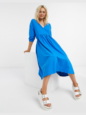 Asos Design Midi Smock Dress With Wrap Top In Bright Blue