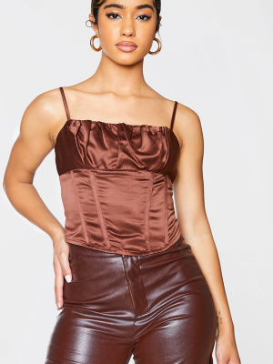 Chocolate Woven Ruched Bust Corset Long Top