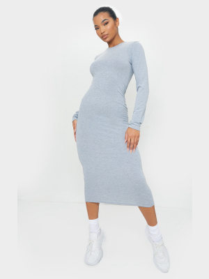 Grey Scoop Neck Jersey Long Sleeve Midi Dress