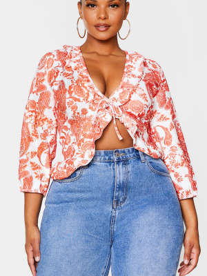 Plus Porcelain Print Tie Front Frill Hem Crop Top