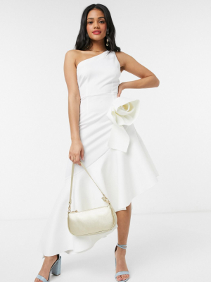 Laced In Love Asymmetric Ruffle Dress With Origami Rose In White