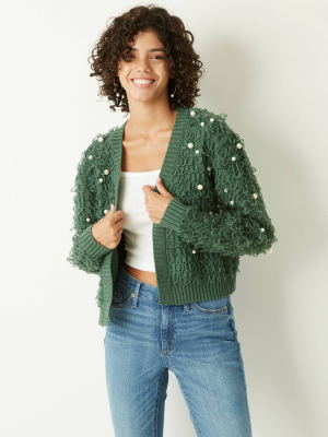 Women's Holiday Loop And Pearl Cardigan Sweater - Green