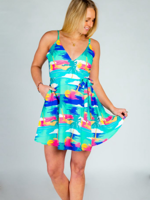 Island In The Sun | Teal Abstract Tropical Strappy Dress