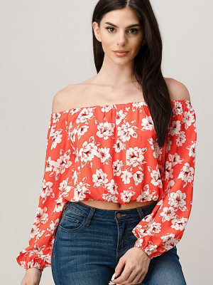 Rayon Challis Floral Print Off Shoulder Blouse Top