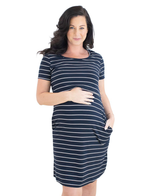 Eleanora Bamboo Maternity & Nursing Lounge Dress | Navy Stripe