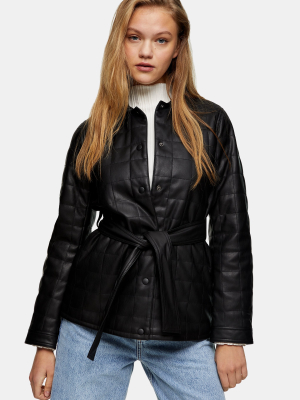 Black Belted Quilted Pu Jacket