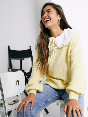 Asos Design Sweater With Detachable Woven Collar Detail In Yellow