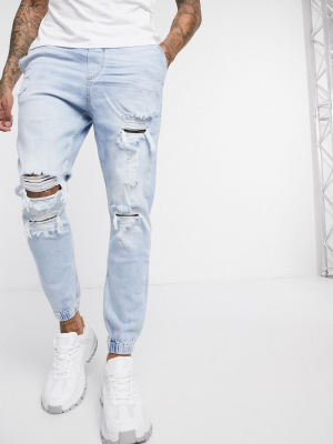 Bershka Denim Sweatpants With Rips In Light Blue