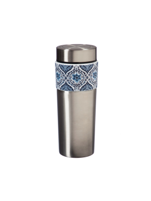 Cypress Home The Tandem Double Wall Stainless Steel And Ceramic Cup, 17 Oz, Blue Bloosom Array