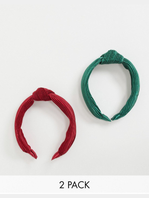 Asos Design Pack Of 2 Plisse Knot Headbands In Emerald Green And Dark Red