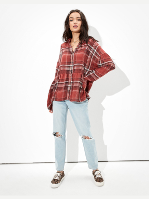 Ae Plaid Flannel Babydoll Button Up Shirt