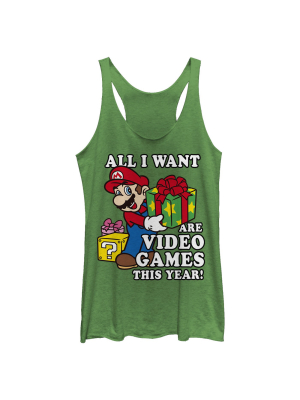 Women's Nintendo Christmas Mario All I Want Are Video Games Racerback Tank Top