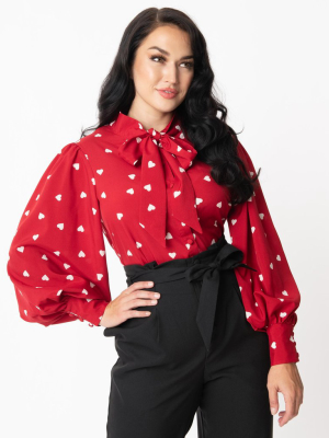 Unique Vintage Red & White Heart Print Gwen Blouse