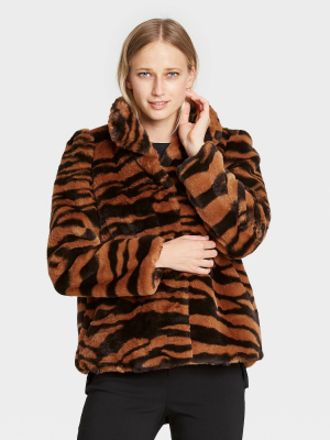 Women's Zebra Print Puff Shoulder Faux Fur Jacket - Who What Wear™ Brown