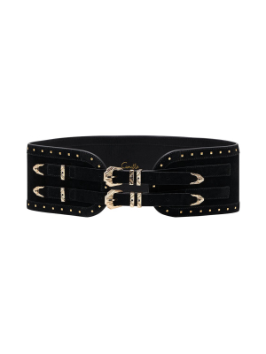 Cinched Belt With Double Buckle Solid Black