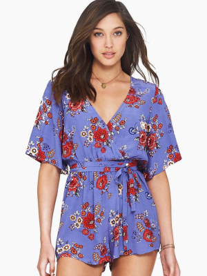 Stevie Wrap Waist Tie Playsuit - Chambray Blue Floral Print