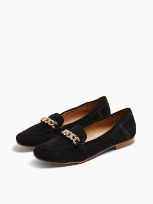 Leo Black Leather Chain Trim Loafers