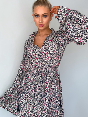 Black Floral Print Balloon Sleeve Tie Skater Dress