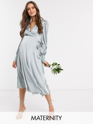 Tfnc Maternity Bridesmaid Long Sleeve Wrap Front Sateen Midi Dress With Belt In Sage