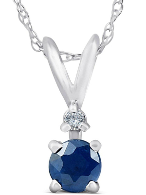 Pompeii3 Diamond & Blue Sapphire Solitaire Pendant 14k White Gold With 18" Chain