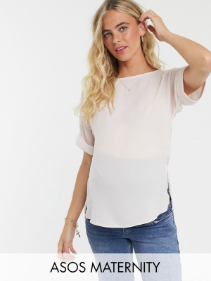 Asos Design Maternity Oversized Woven Tee With Roll Sleeve In Blush