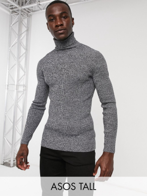 Asos Design Tall Muscle Fit Ribbed Roll-neck Sweater In Black And White Twist