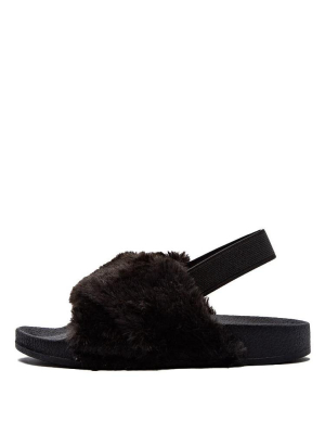 Lexee01 Black Fur Cross Strap Slingback Flat Kids Sandal