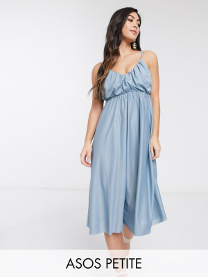 Asos Design Petite Cami Plunge Midi Dress With Blouson Top In Dusky Blue