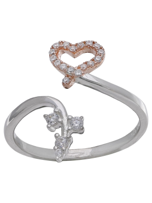Women's Heart And Vine Ring With Clear Pave Cubic Zirconia In Sterling Silver - Clear/rose