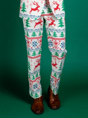 The Offly White Christmas Pants | Reindeer Print Christmas Suit Pants