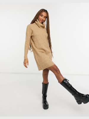 Only Sweater Dress With Roll Neck In Brown