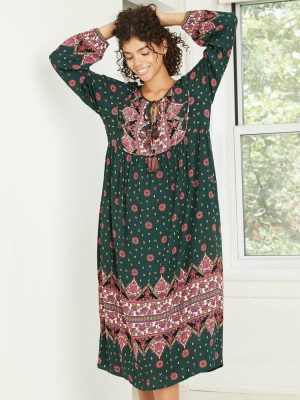 Women's Printed Long Sleeve Dress With Tassel - Knox Rose™ Green