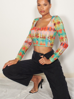 Green Acid Wash Button Up Long Sleeve Crop Top