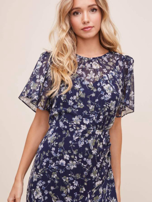 Flutter Sleeve Asymmetrical Floral Maxi Dress