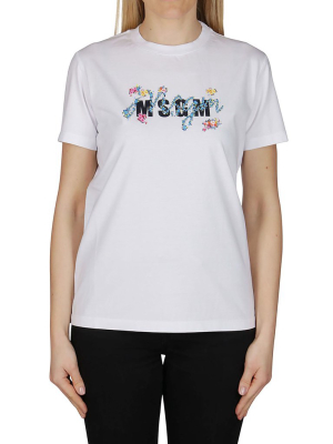 Msgm Floral Logo Printed T-shirt