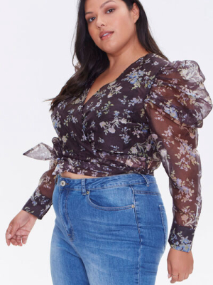 Plus Size Sheer Floral Print Top