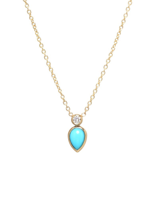 14k Turquoise Tear And Single Diamond Necklace
