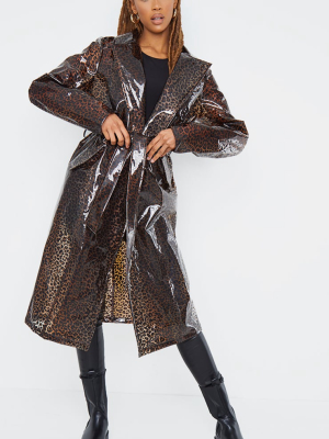 Brown Leopard Print Plastic Trench