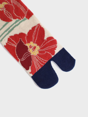 Tabi Socks, Cream, Navy Shima & Red Keshi (s/m)