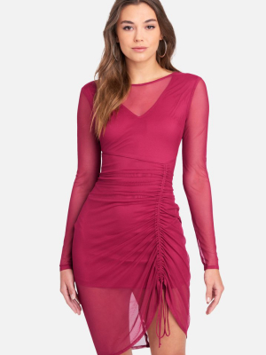 Long Sleeve Mesh Ruched Dress