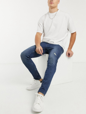 Only & Sons Slim Jeans With Abrasions In Dark Blue