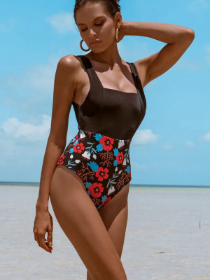 Tropical Floral Print Square Neck One Piece Swimsuit