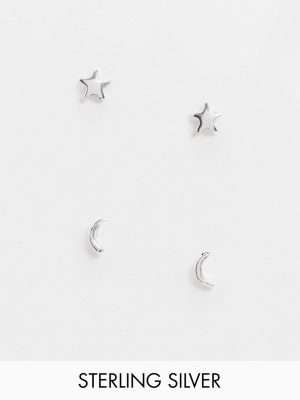 Kingsley Ryan Exclusive Sterling Silver Multipack X 2 With Moon And Star Studs