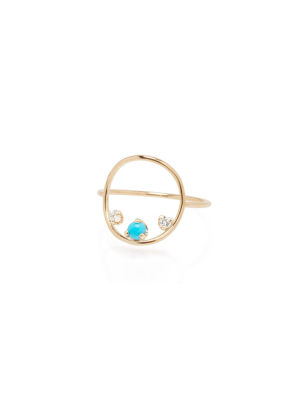 14k Medium Circle Prong Turquoise & Diamond Ring