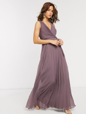 Asos Design Wrap Bodice Maxi Dress With Tie Waist And Pleat Skirt