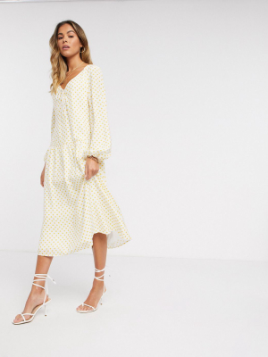 Vila Midi Dress With Balloon Sleeve In Yellow Spot