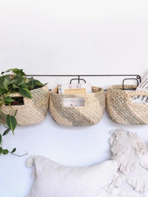 Metal Wall Hanging Rack With Seagrass Basket Trio