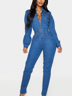 Shape Mid Blue Wash Denim Zip Front Jumpsuit