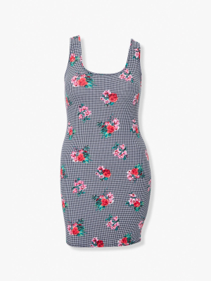 Plus Size Gingham Floral Bodycon Dress